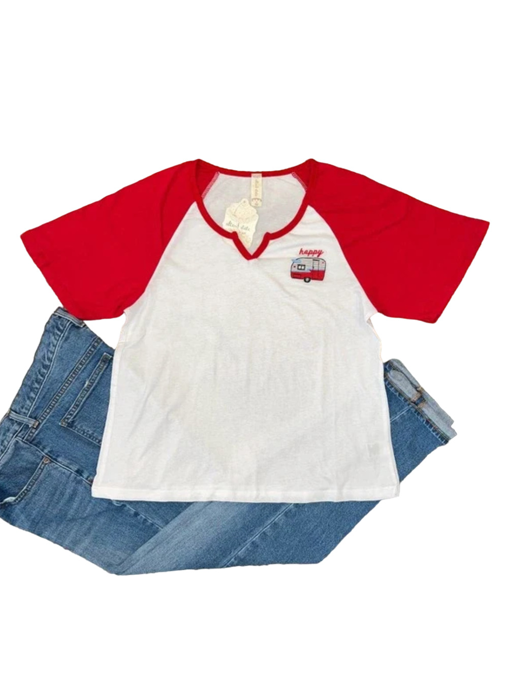 NWT Altar'd State White & Red "Happy Camper" Embroidered Cotton Tee - SIZE SMALL